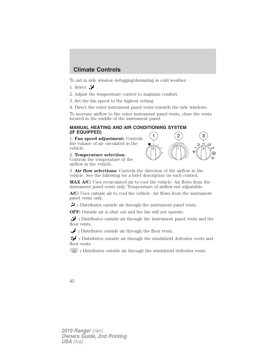 Manual heating and air conditioning, Climate controls | FORD 2010 Ranger v.2 User Manual | Page 42 / 287