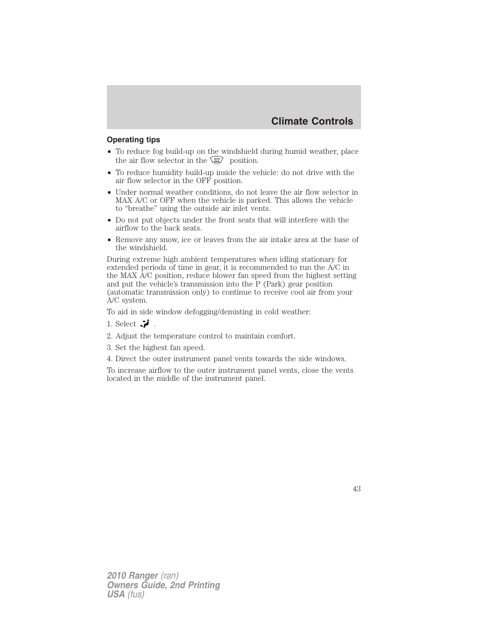 Operating tips, Climate controls | FORD 2010 Ranger v.2 User Manual | Page 43 / 287