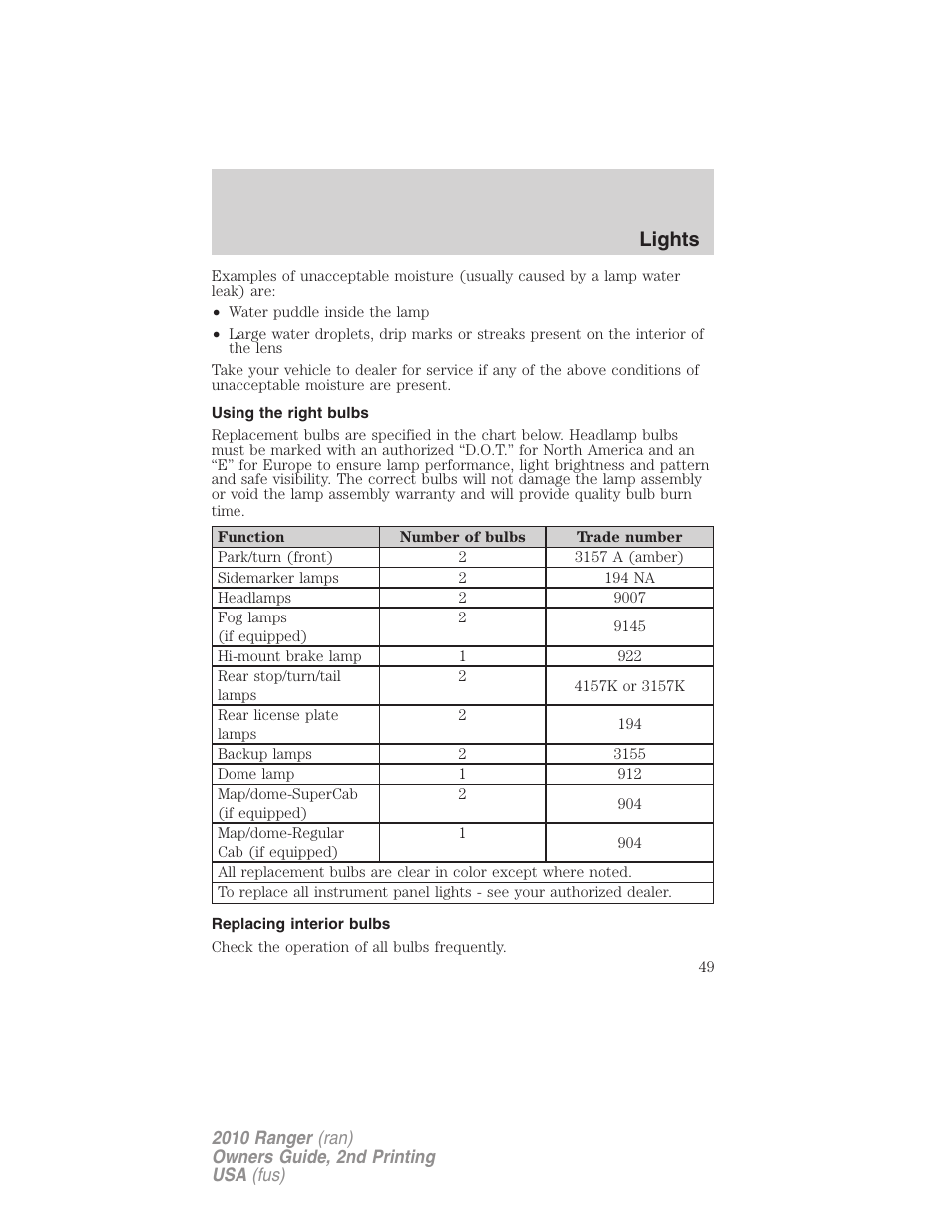 Using the right bulbs, Replacing interior bulbs, Lights | FORD 2010 Ranger v.2 User Manual | Page 49 / 287