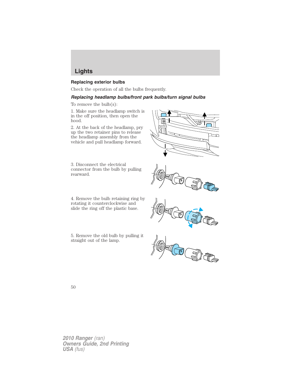 Replacing exterior bulbs, Lights | FORD 2010 Ranger v.2 User Manual | Page 50 / 287