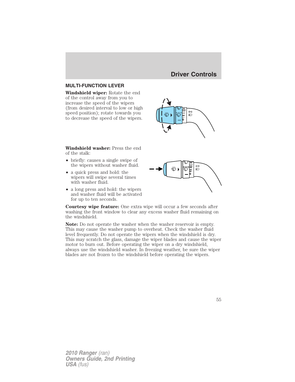 Driver controls, Multi-function lever, Windshield wiper/washer control | FORD 2010 Ranger v.2 User Manual | Page 55 / 287