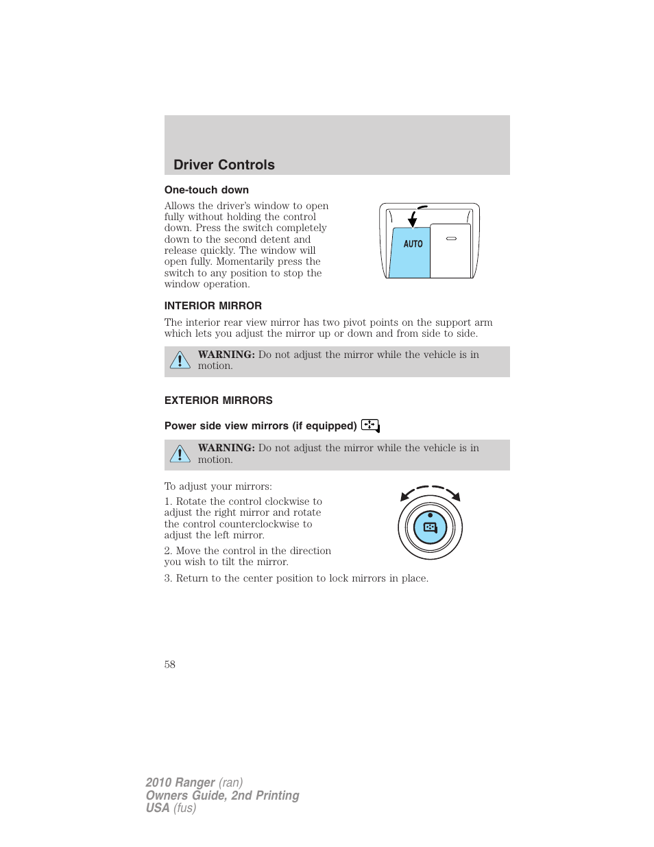 One-touch down, Interior mirror, Exterior mirrors | Power side view mirrors (if equipped), Mirrors, Driver controls | FORD 2010 Ranger v.2 User Manual | Page 58 / 287