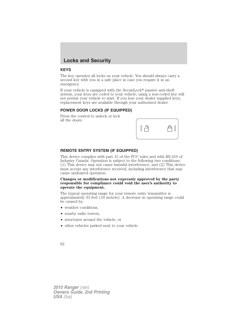 Locks and security, Keys, Power door locks (if equipped) | Remote entry system (if equipped), Locks | FORD 2010 Ranger v.2 User Manual | Page 62 / 287
