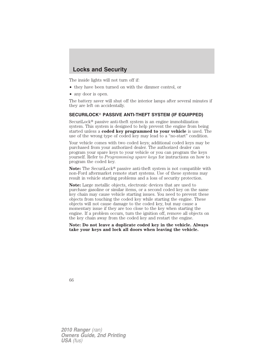 Securilock passive anti-theft system (if equipped), Anti-theft system, Locks and security | FORD 2010 Ranger v.2 User Manual | Page 66 / 287
