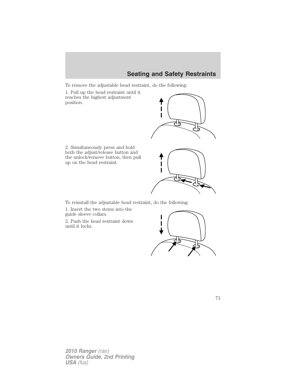 Seating and safety restraints | FORD 2010 Ranger v.2 User Manual | Page 71 / 287