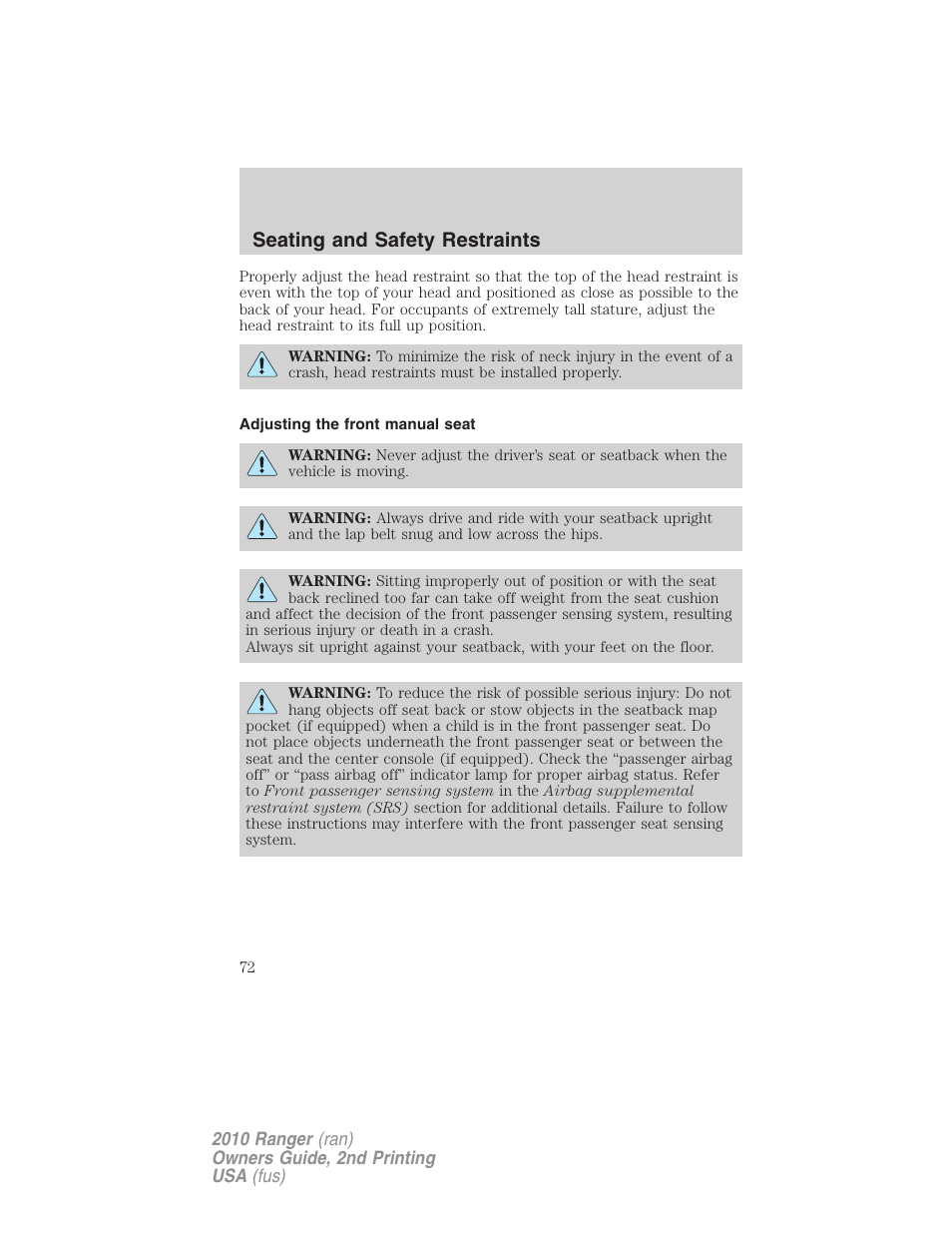 Adjusting the front manual seat, Seating and safety restraints | FORD 2010 Ranger v.2 User Manual | Page 72 / 287