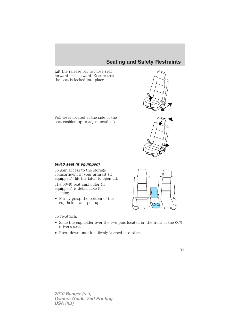 60/40 seat (if equipped), Seating and safety restraints | FORD 2010 Ranger v.2 User Manual | Page 73 / 287