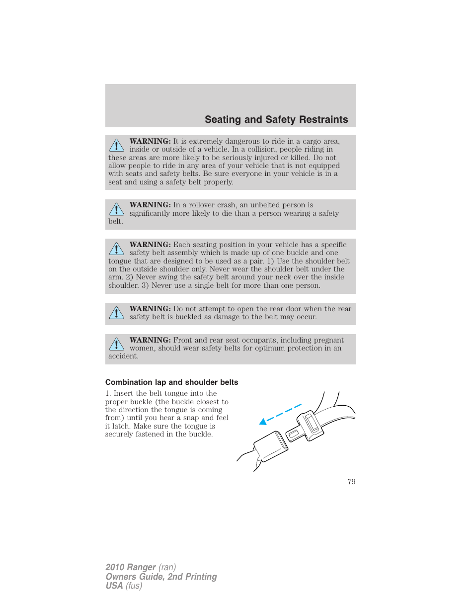 Combination lap and shoulder belts, Seating and safety restraints | FORD 2010 Ranger v.2 User Manual | Page 79 / 287