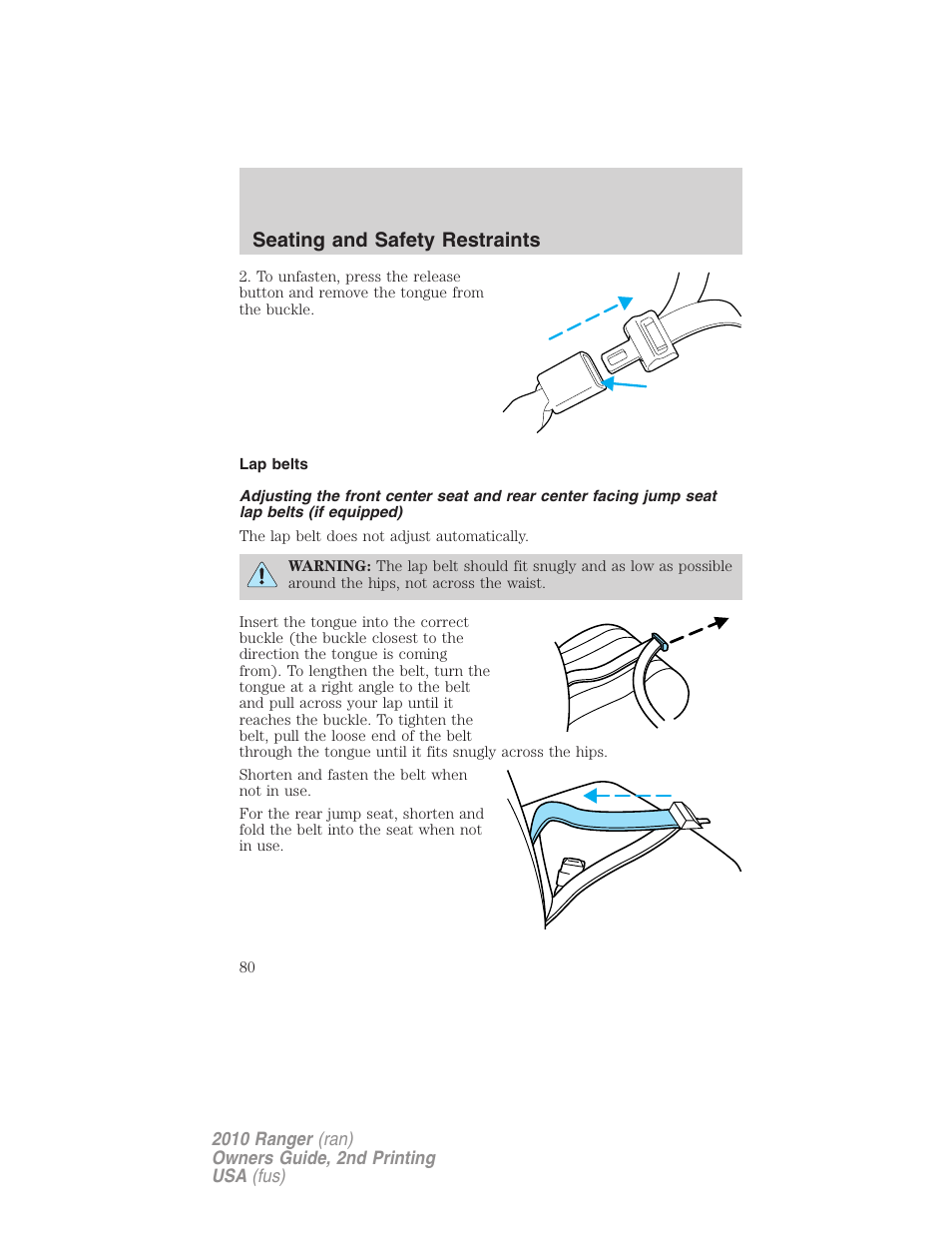 Lap belts, Seating and safety restraints | FORD 2010 Ranger v.2 User Manual | Page 80 / 287