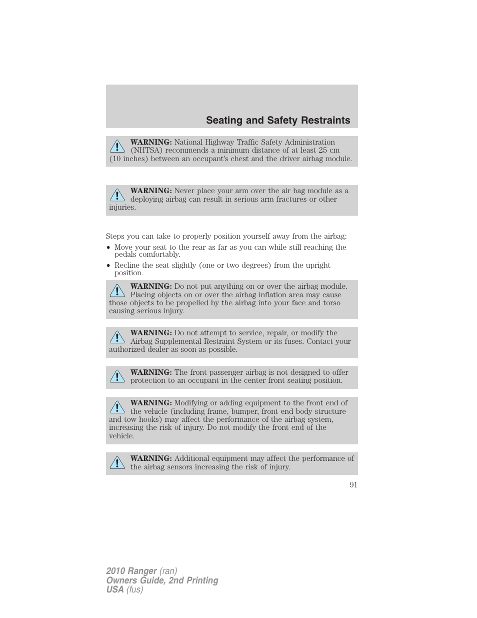 Seating and safety restraints | FORD 2010 Ranger v.2 User Manual | Page 91 / 287