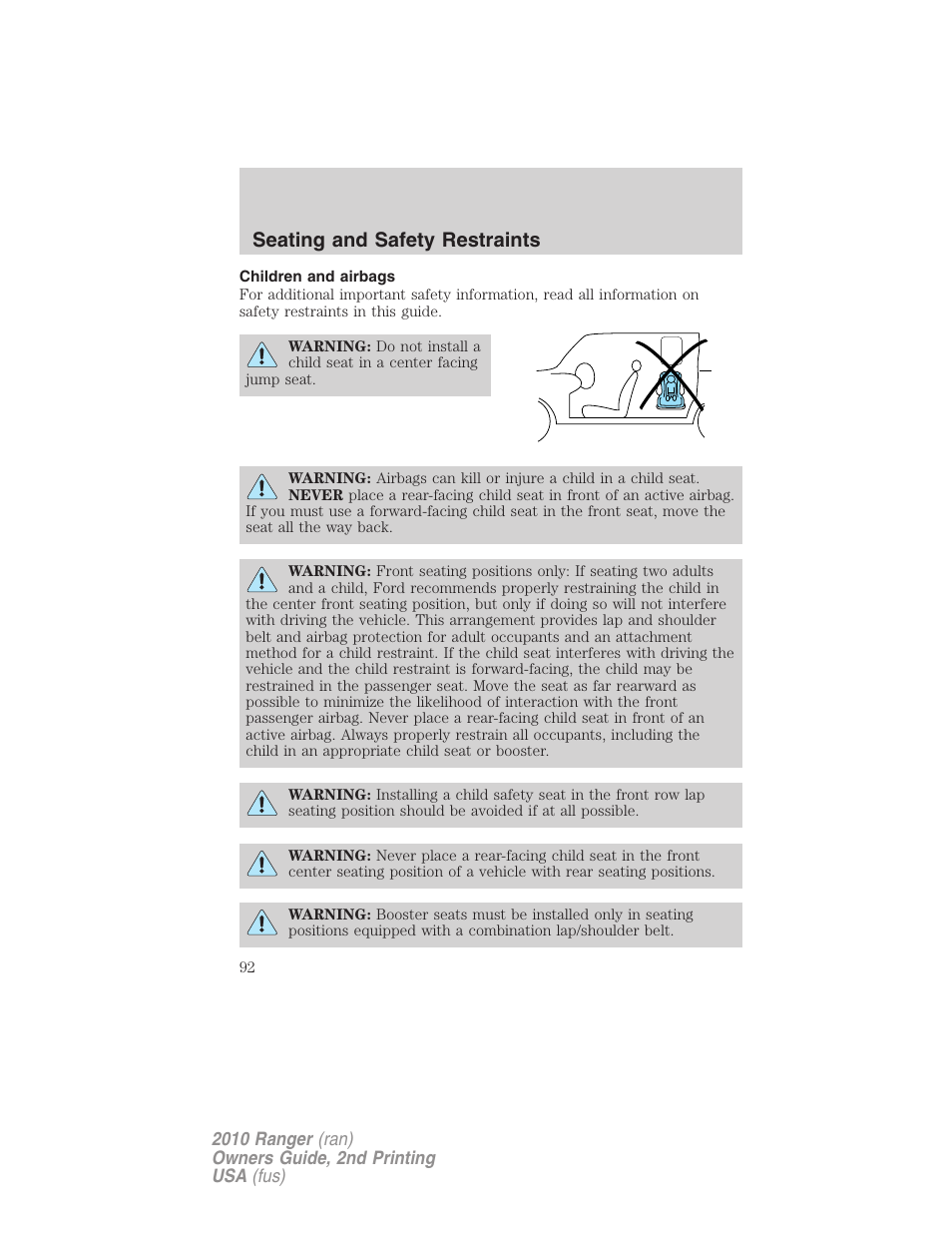 Children and airbags, Seating and safety restraints | FORD 2010 Ranger v.2 User Manual | Page 92 / 287