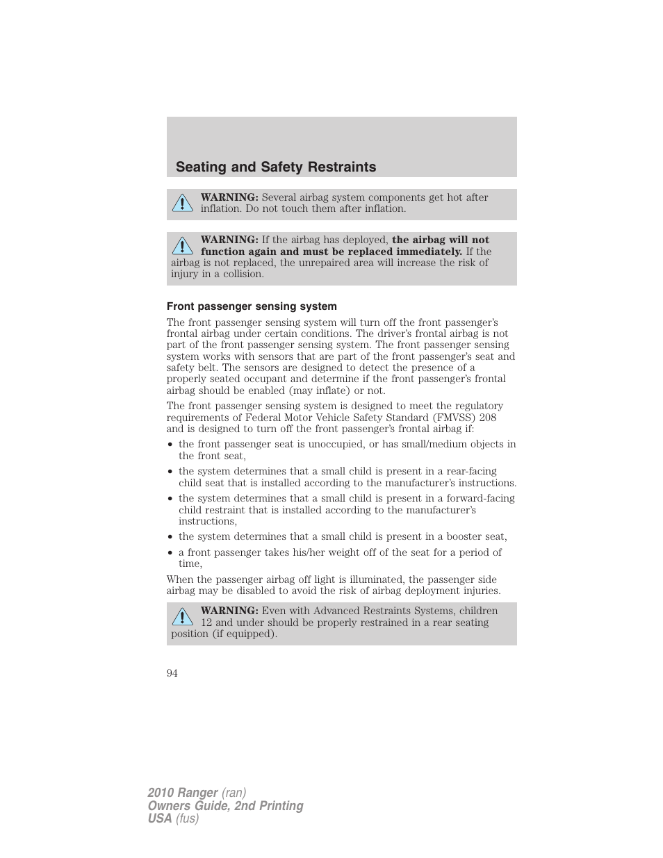 Front passenger sensing system, Seating and safety restraints | FORD 2010 Ranger v.2 User Manual | Page 94 / 287