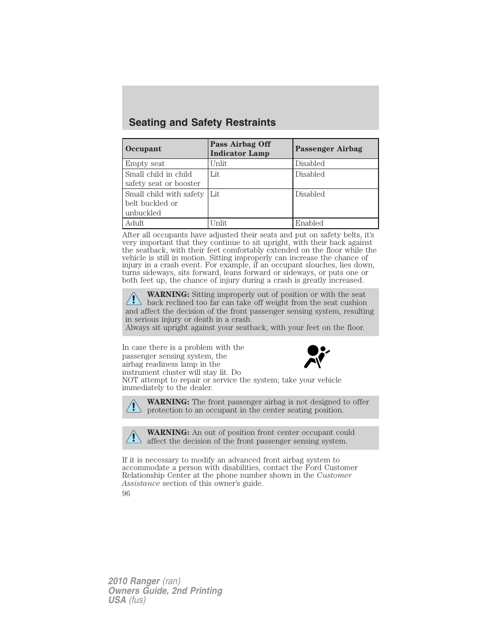 Seating and safety restraints | FORD 2010 Ranger v.2 User Manual | Page 96 / 287