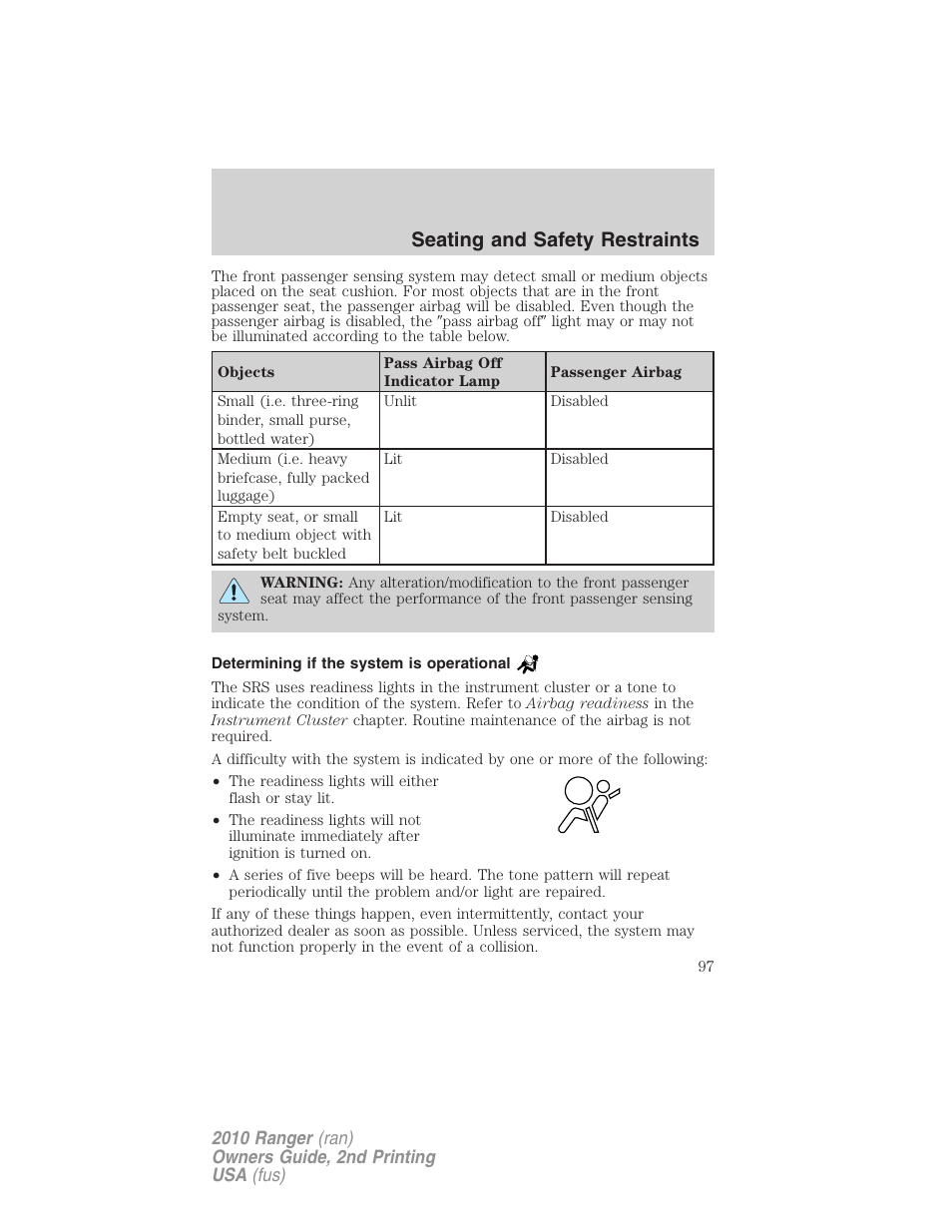 Determining if the system is operational, Seating and safety restraints | FORD 2010 Ranger v.2 User Manual | Page 97 / 287