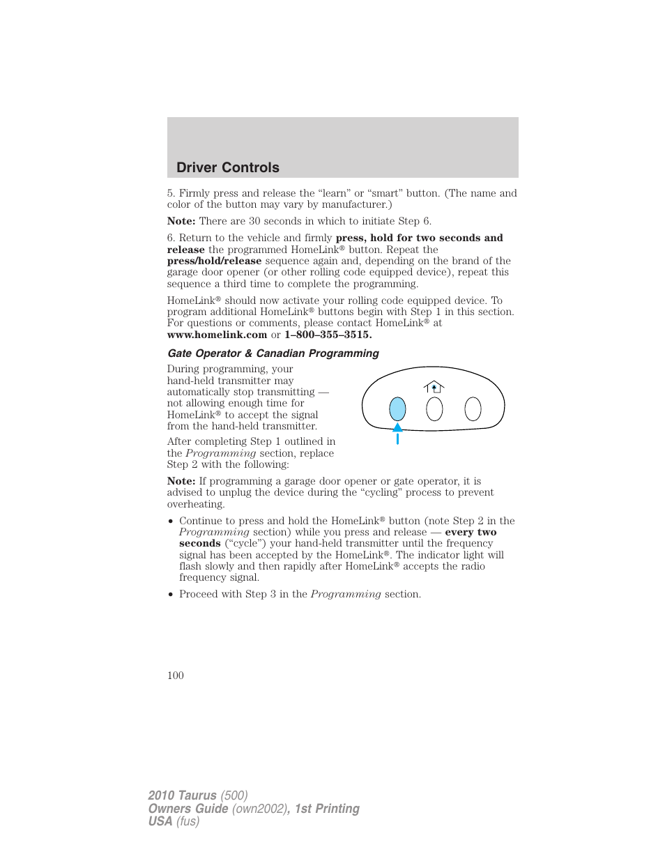 Gate operator & canadian programming, Driver controls | FORD 2010 Taurus v.1 User Manual | Page 100 / 378