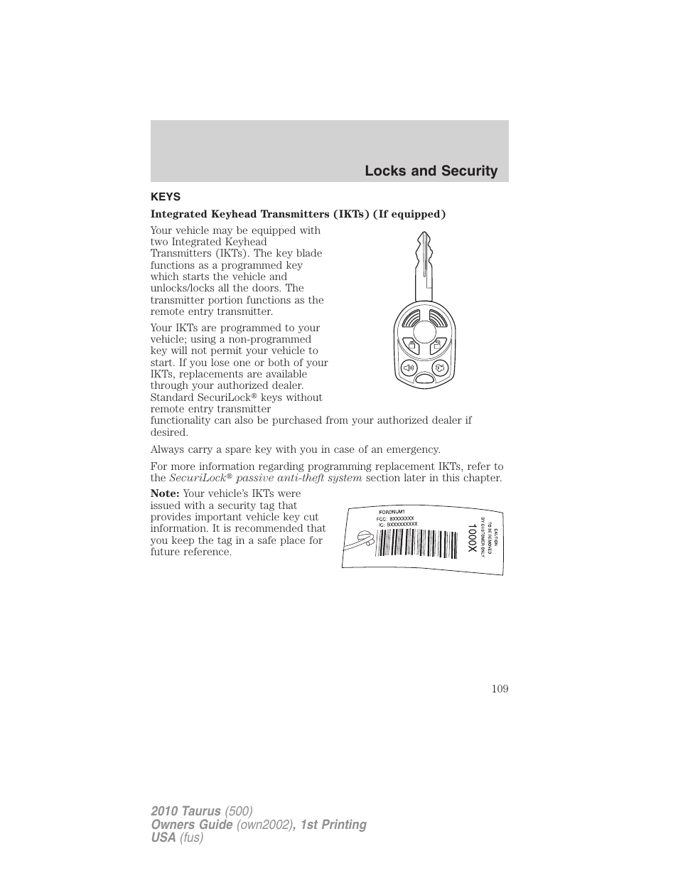 Locks and security, Keys | FORD 2010 Taurus v.1 User Manual | Page 109 / 378
