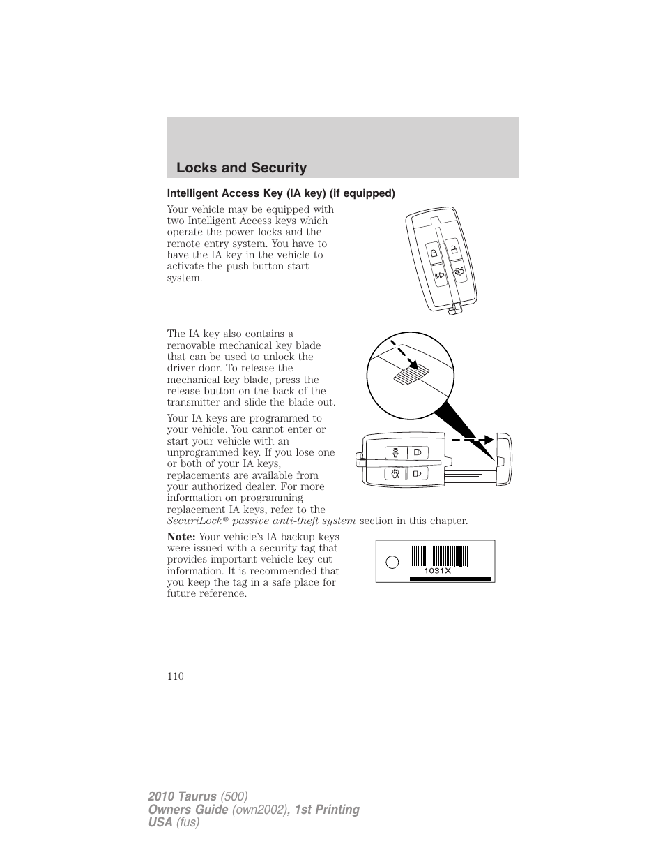 Intelligent access key (ia key) (if equipped), Locks and security | FORD 2010 Taurus v.1 User Manual | Page 110 / 378