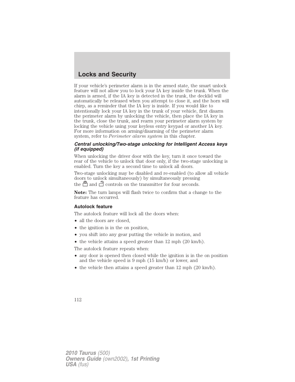 Autolock feature, Locks and security | FORD 2010 Taurus v.1 User Manual | Page 112 / 378