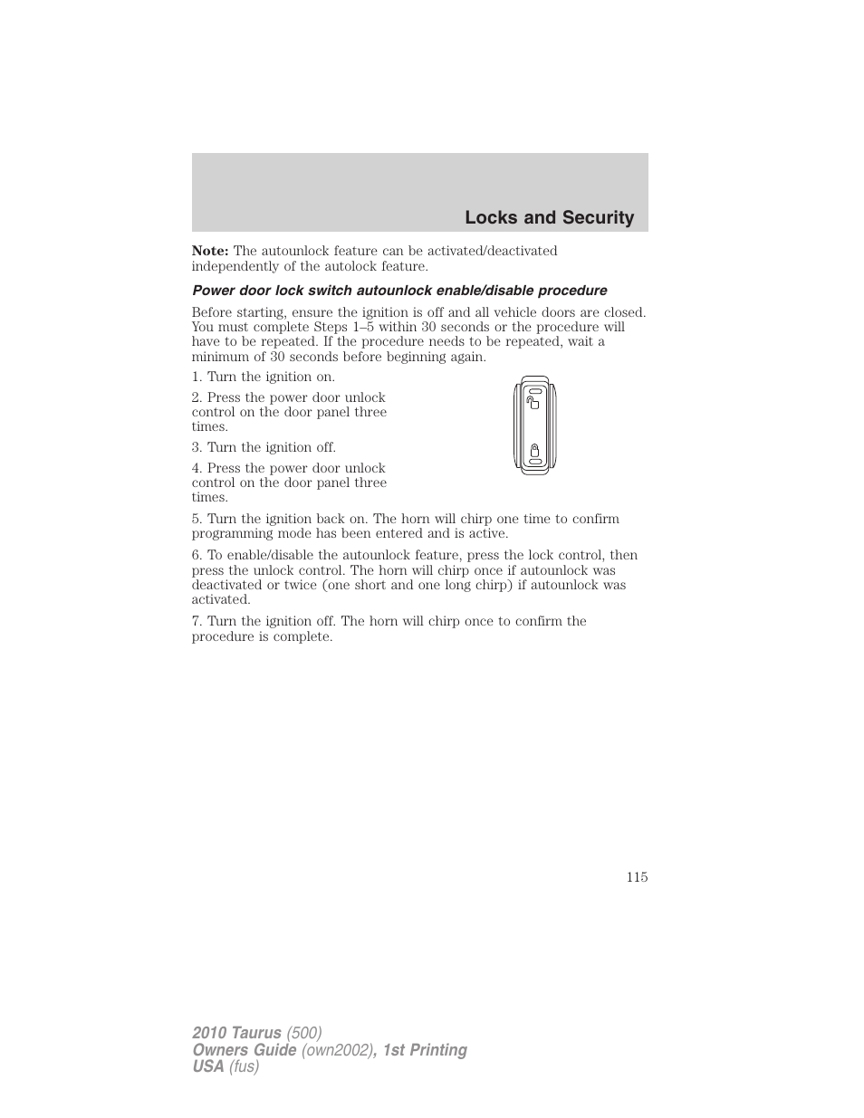 Locks and security | FORD 2010 Taurus v.1 User Manual | Page 115 / 378