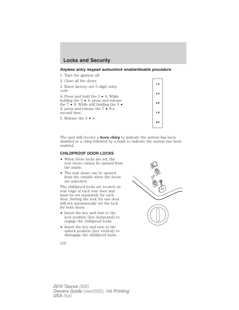 Childproof door locks, Locks and security | FORD 2010 Taurus v.1 User Manual | Page 116 / 378