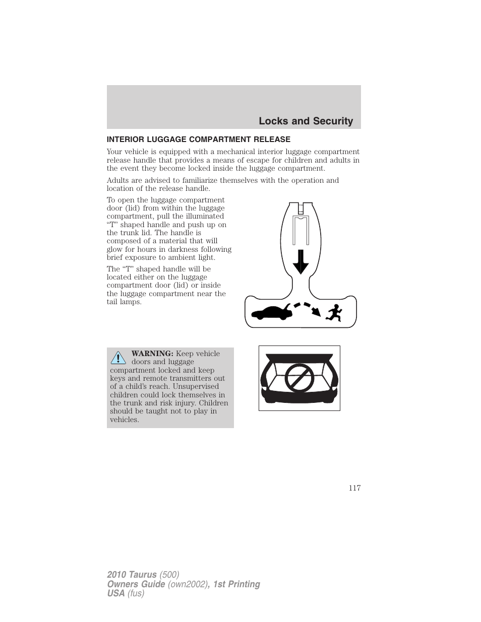 Interior luggage compartment release, Locks and security | FORD 2010 Taurus v.1 User Manual | Page 117 / 378