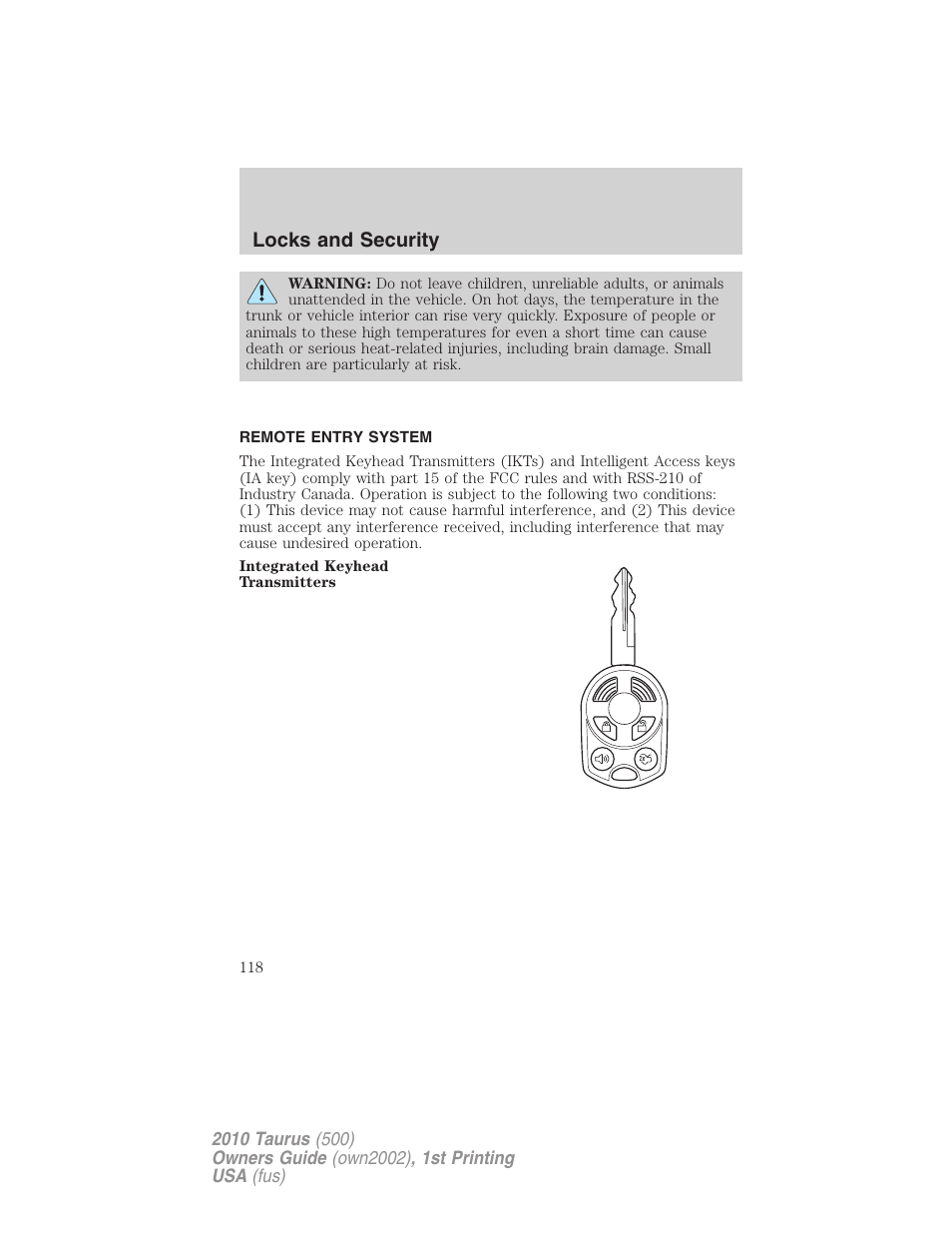 Remote entry system, Locks and security | FORD 2010 Taurus v.1 User Manual | Page 118 / 378
