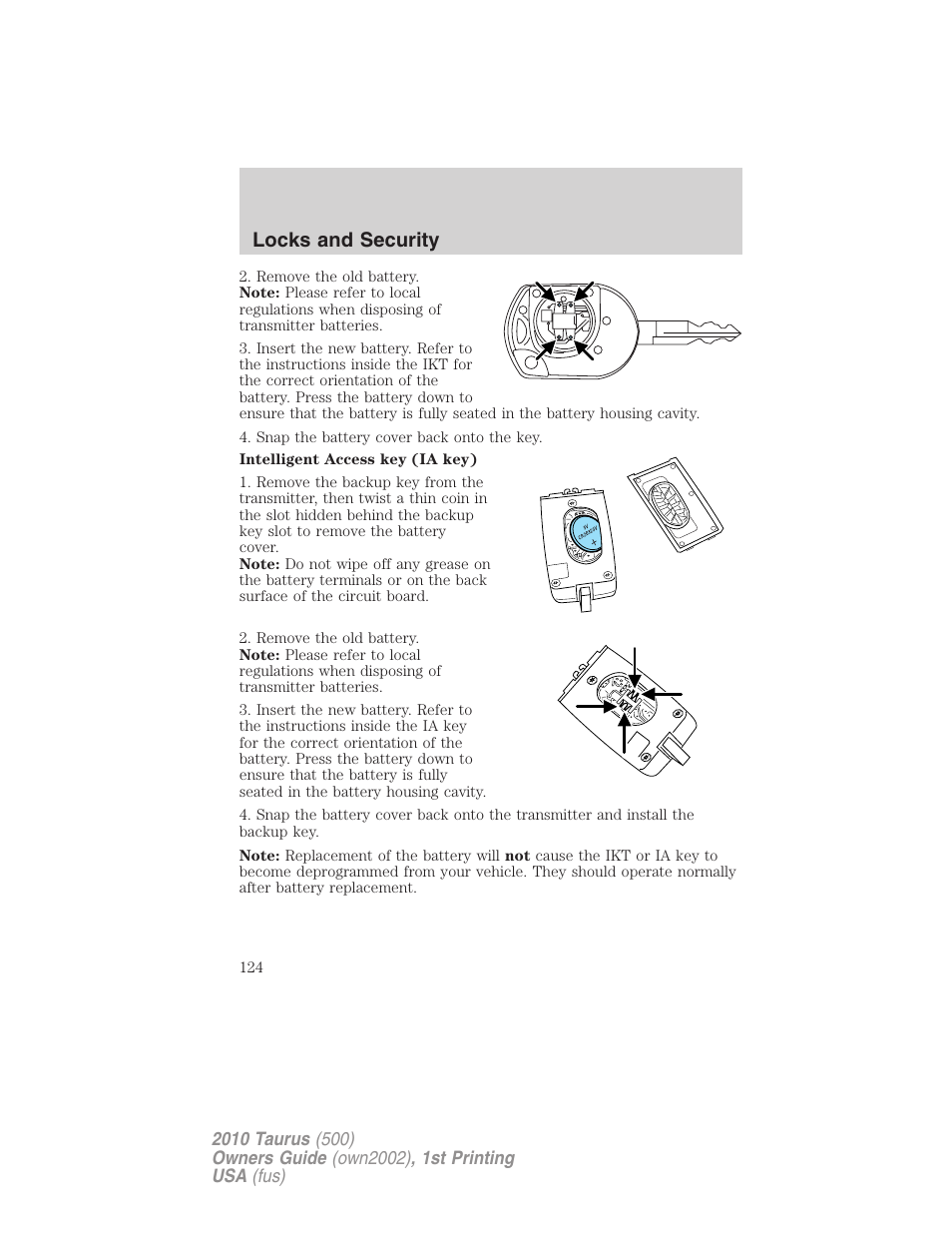 Locks and security | FORD 2010 Taurus v.1 User Manual | Page 124 / 378