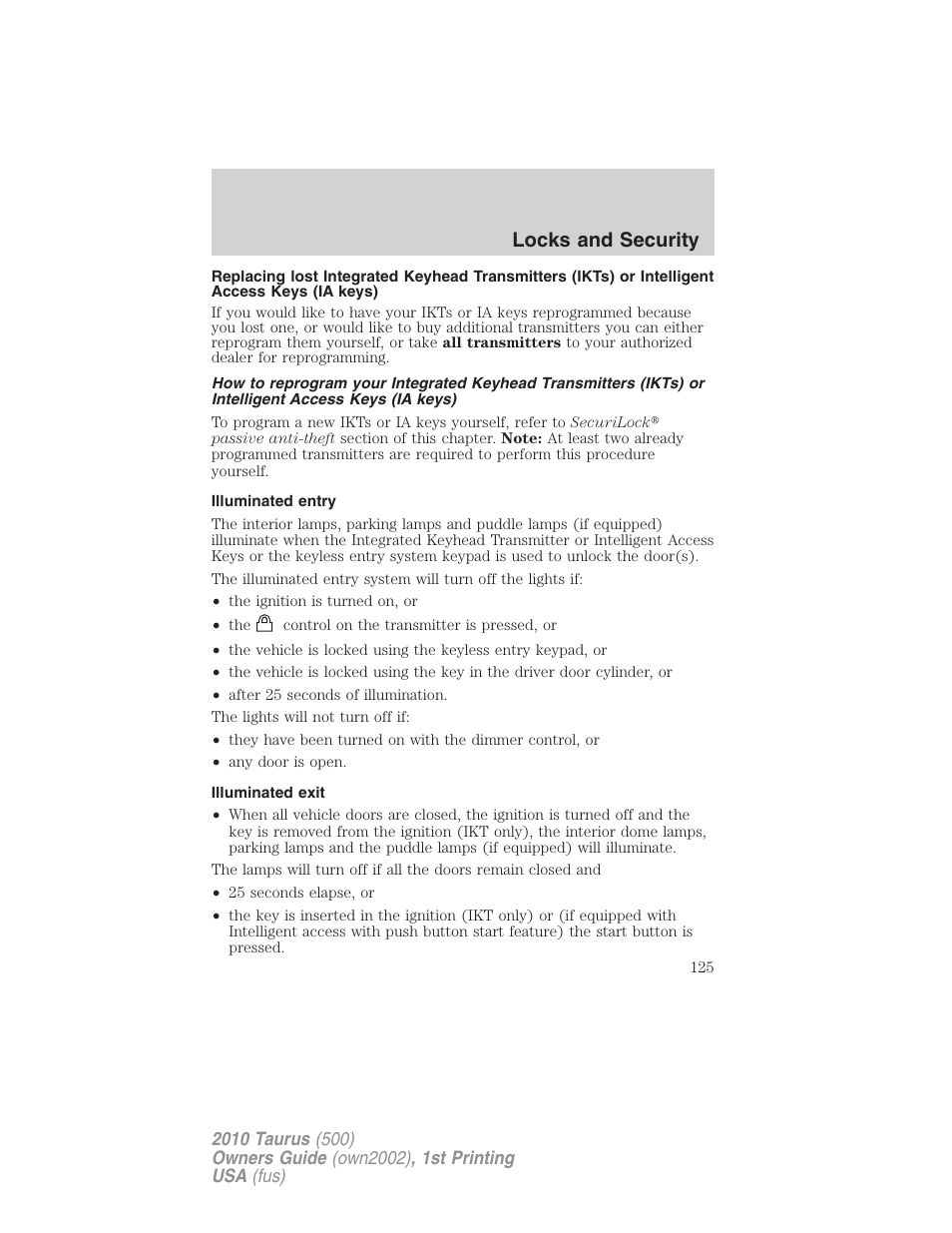 Illuminated entry, Illuminated exit, Locks and security | FORD 2010 Taurus v.1 User Manual | Page 125 / 378