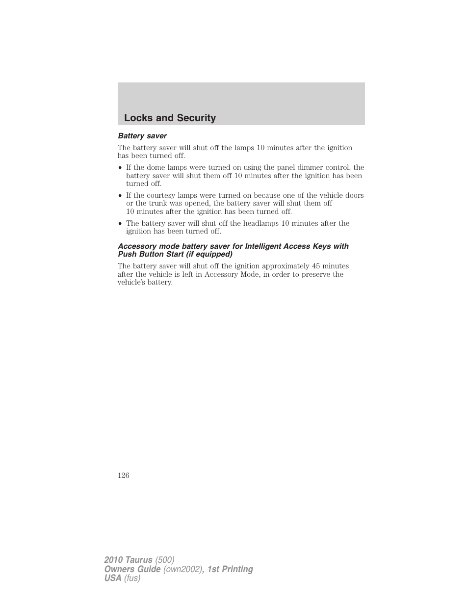 Battery saver, Locks and security | FORD 2010 Taurus v.1 User Manual | Page 126 / 378