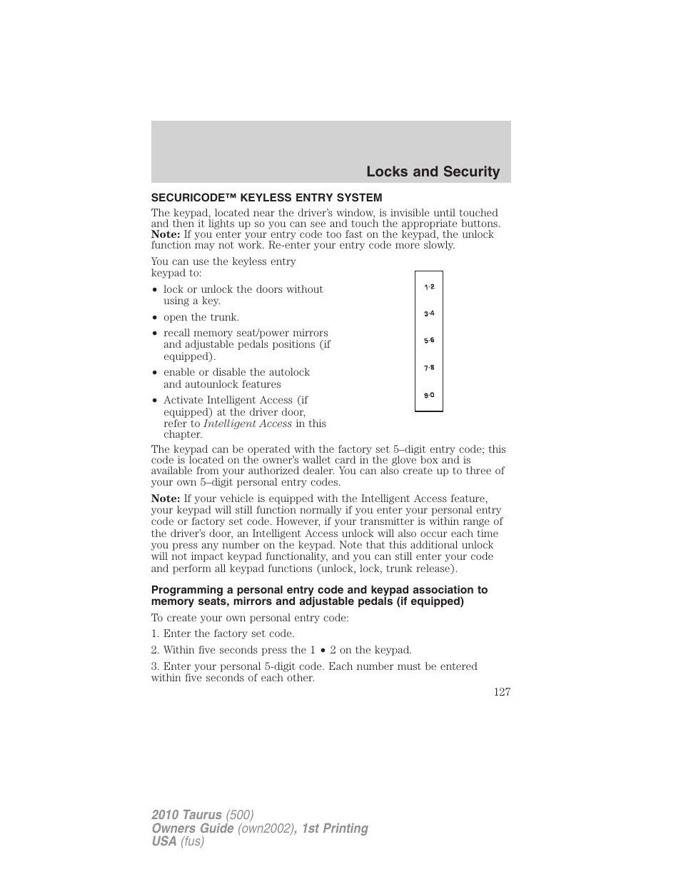 Securicode™ keyless entry system, Locks and security | FORD 2010 Taurus v.1 User Manual | Page 127 / 378