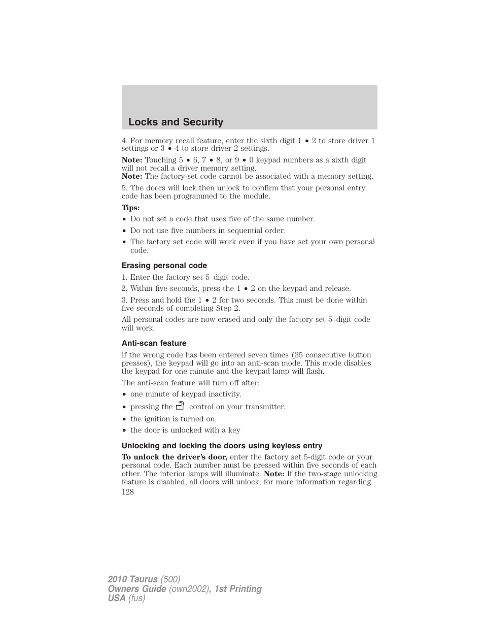 Erasing personal code, Anti-scan feature, Locks and security | FORD 2010 Taurus v.1 User Manual | Page 128 / 378