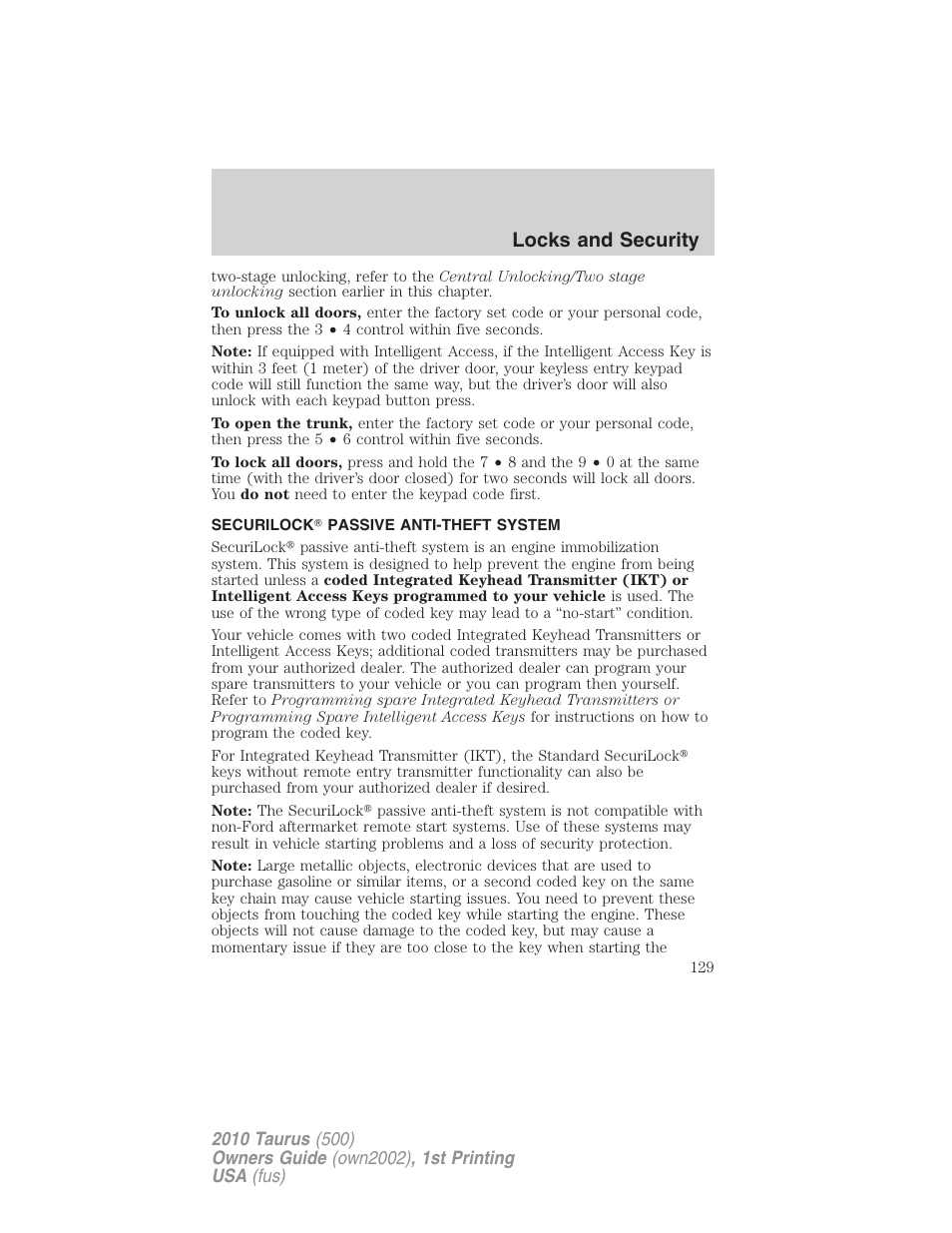 Securilock passive anti-theft system, Anti-theft system, Locks and security | FORD 2010 Taurus v.1 User Manual | Page 129 / 378