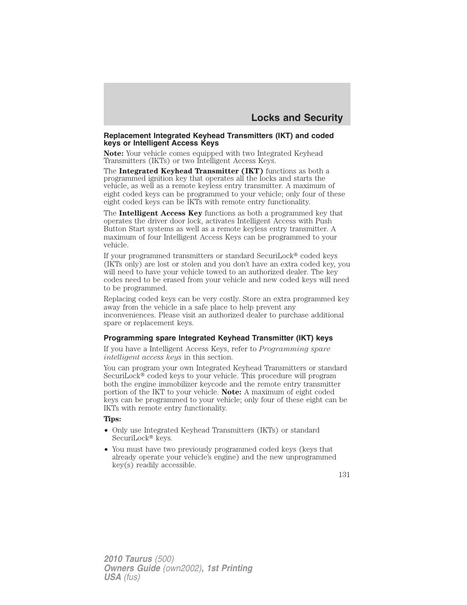 Locks and security | FORD 2010 Taurus v.1 User Manual | Page 131 / 378