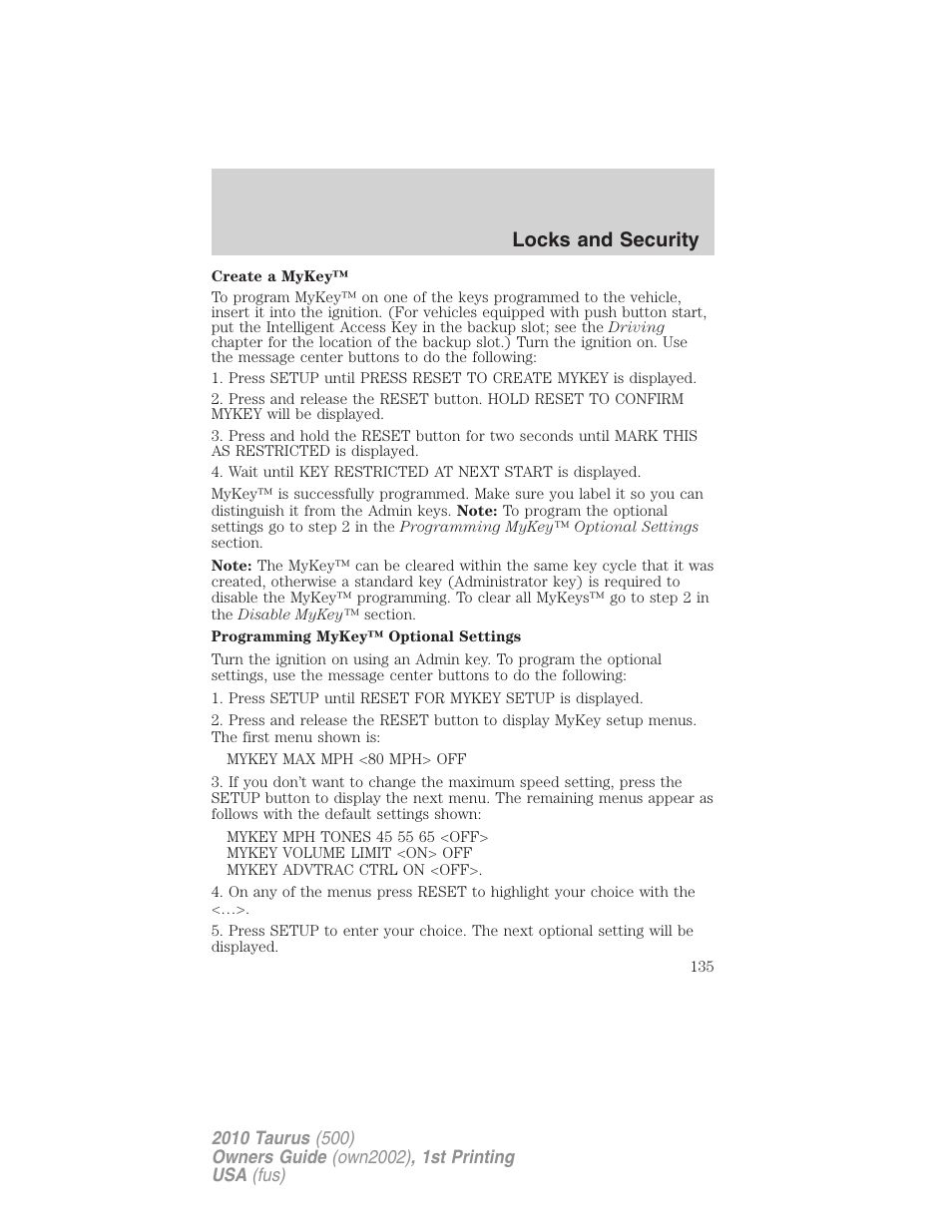 Locks and security | FORD 2010 Taurus v.1 User Manual | Page 135 / 378