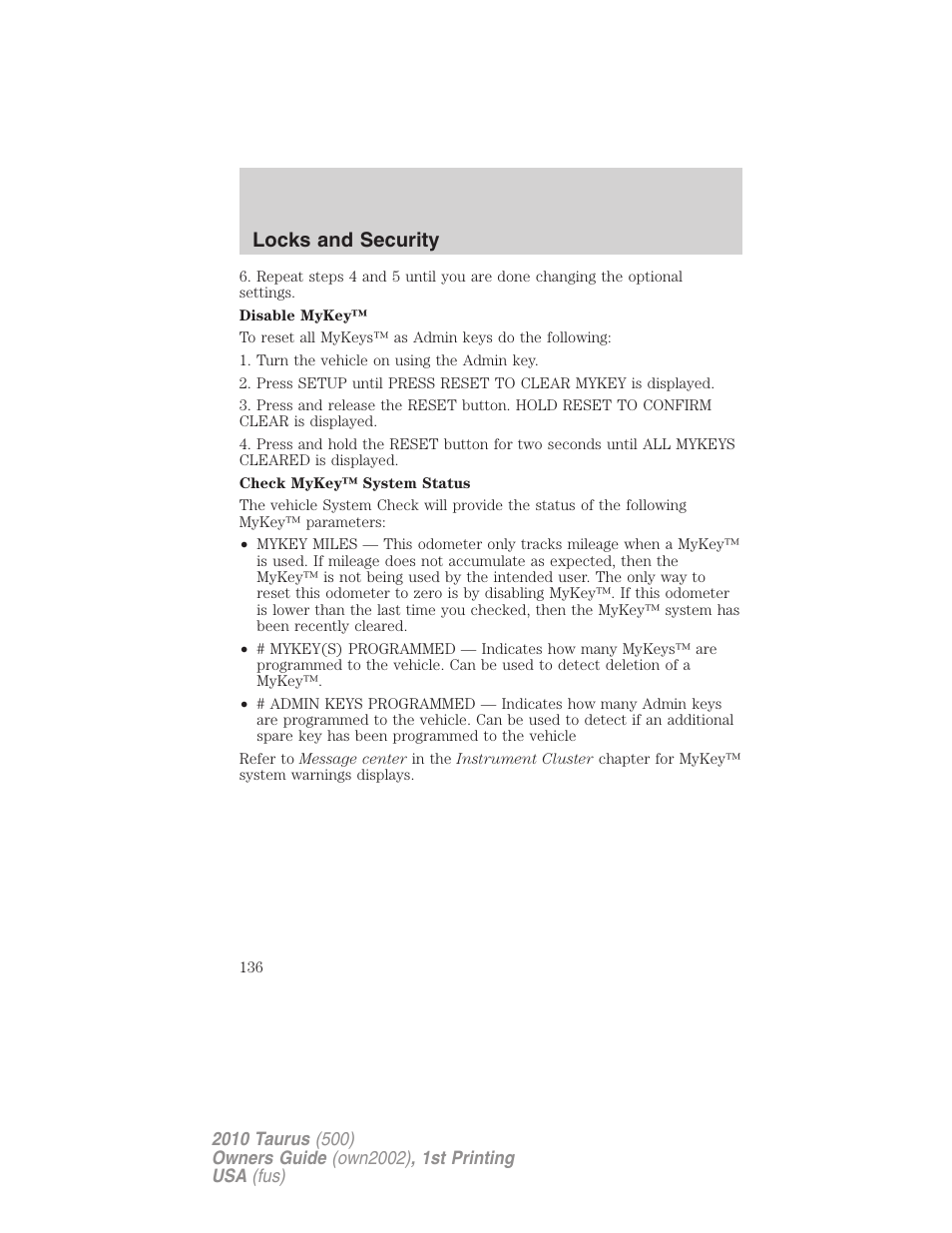 Locks and security | FORD 2010 Taurus v.1 User Manual | Page 136 / 378