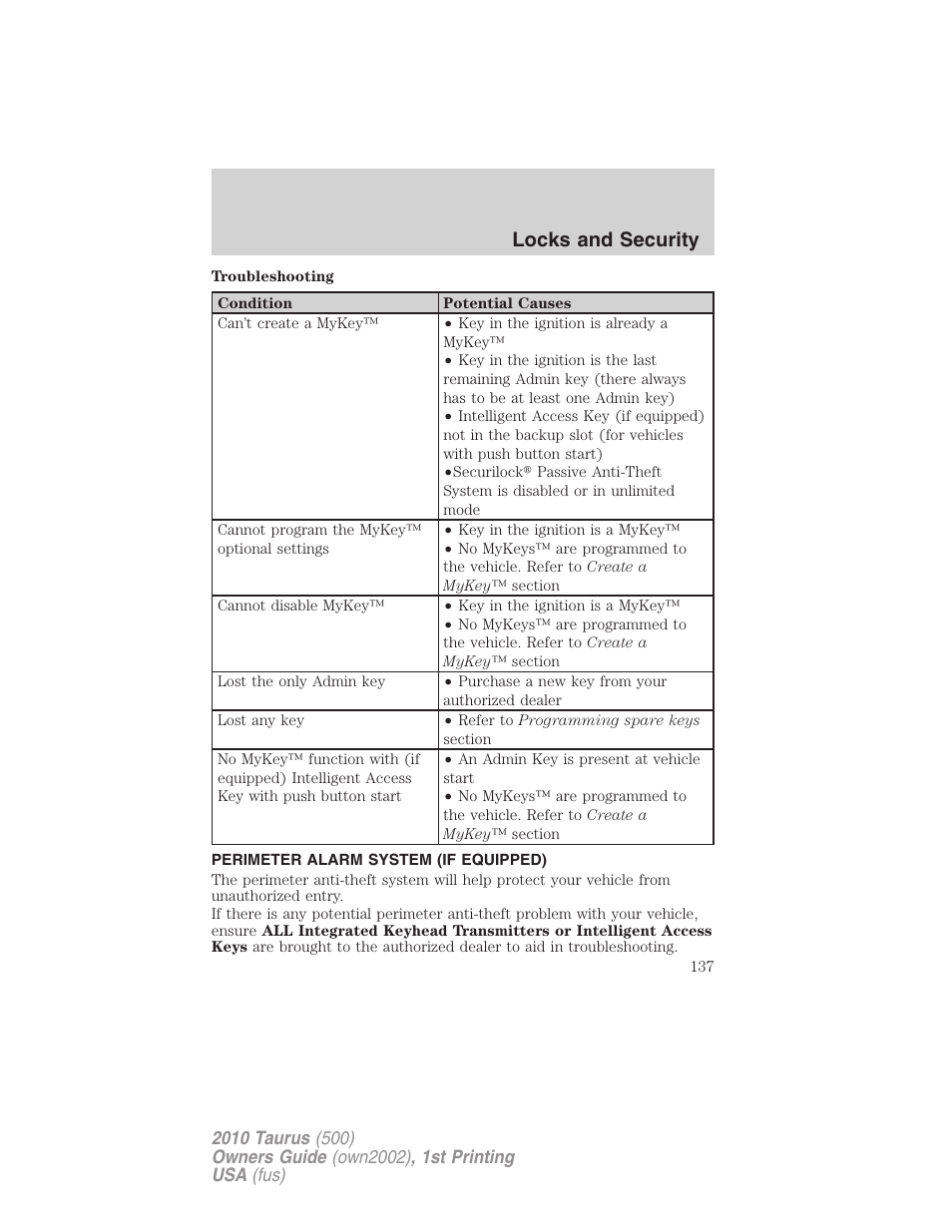 Perimeter alarm system (if equipped), Locks and security | FORD 2010 Taurus v.1 User Manual | Page 137 / 378