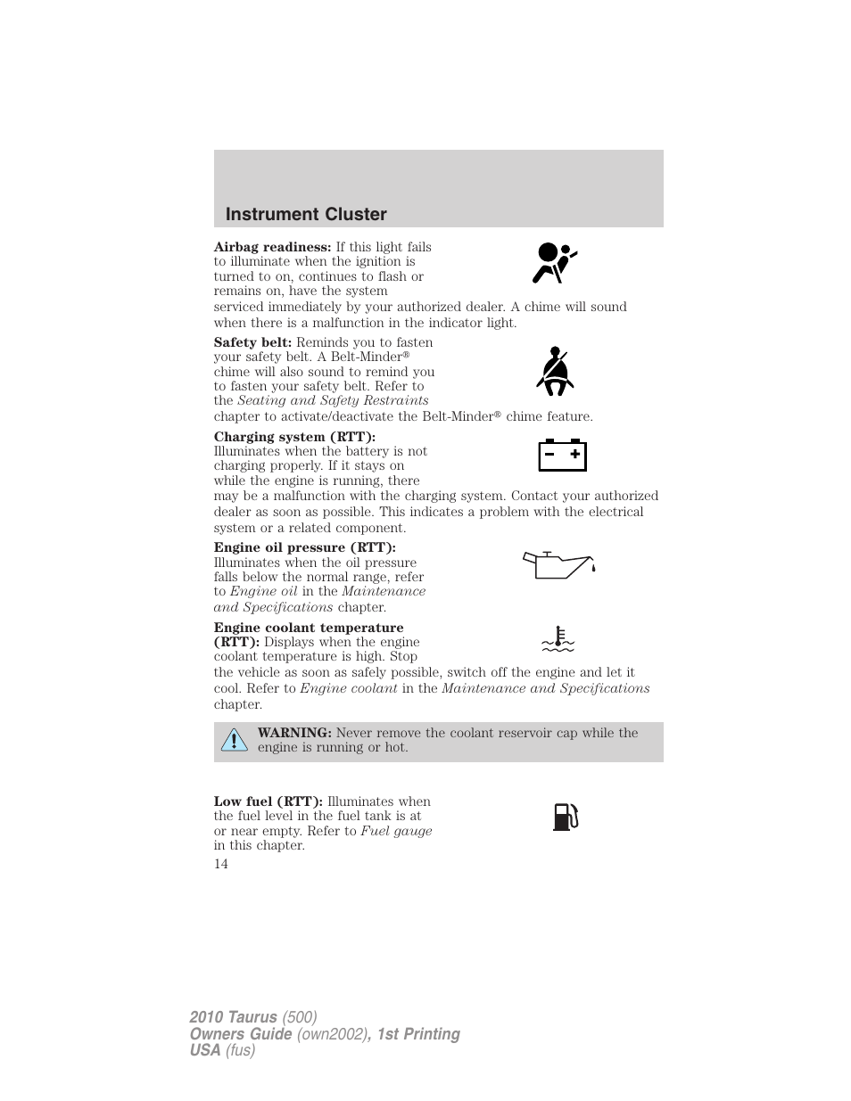 Instrument cluster | FORD 2010 Taurus v.1 User Manual | Page 14 / 378