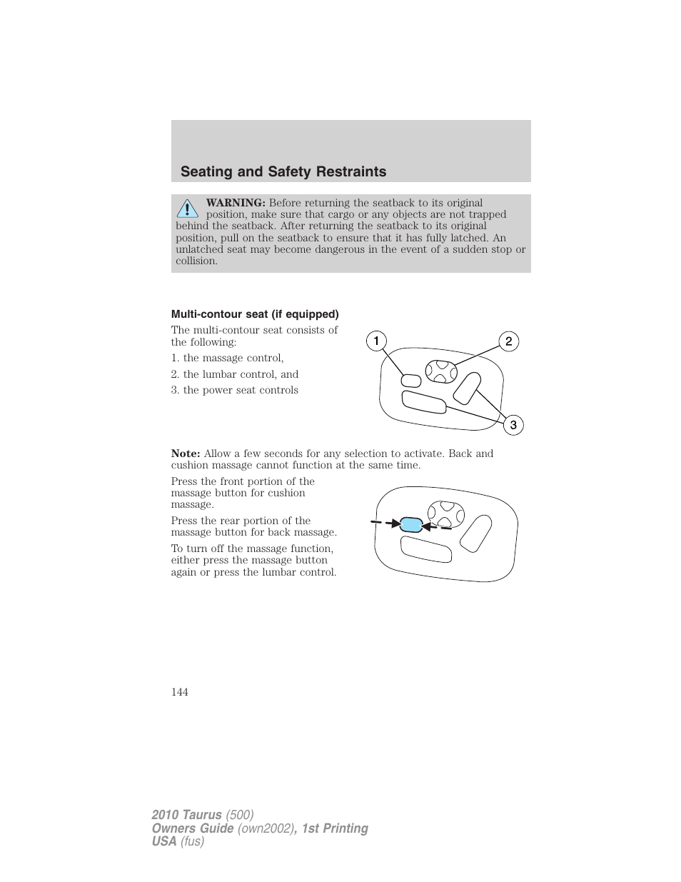Multi-contour seat (if equipped), Seating and safety restraints | FORD 2010 Taurus v.1 User Manual | Page 144 / 378