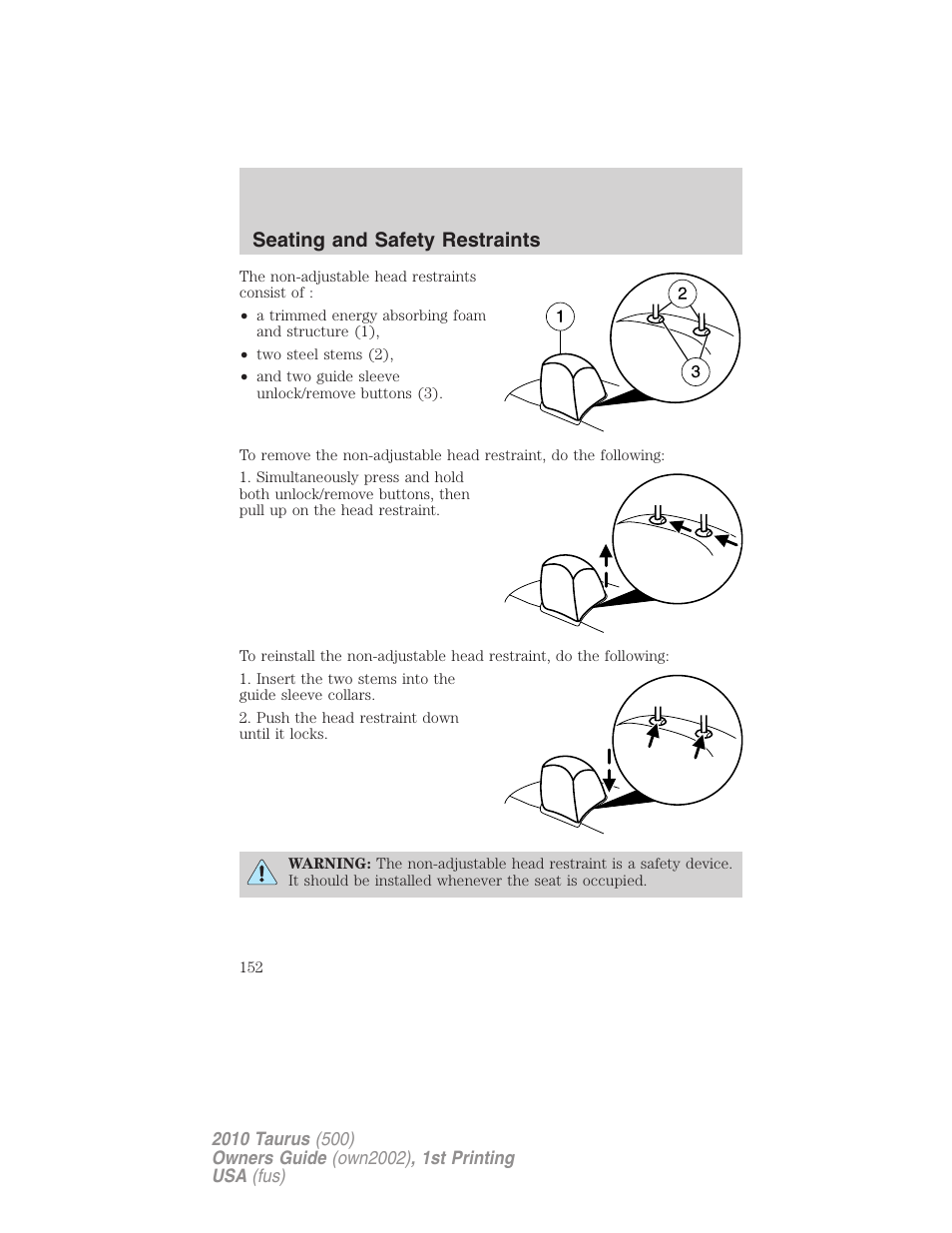 Seating and safety restraints | FORD 2010 Taurus v.1 User Manual | Page 152 / 378