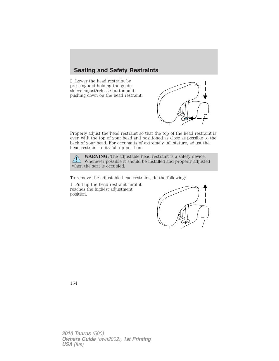 Seating and safety restraints | FORD 2010 Taurus v.1 User Manual | Page 154 / 378