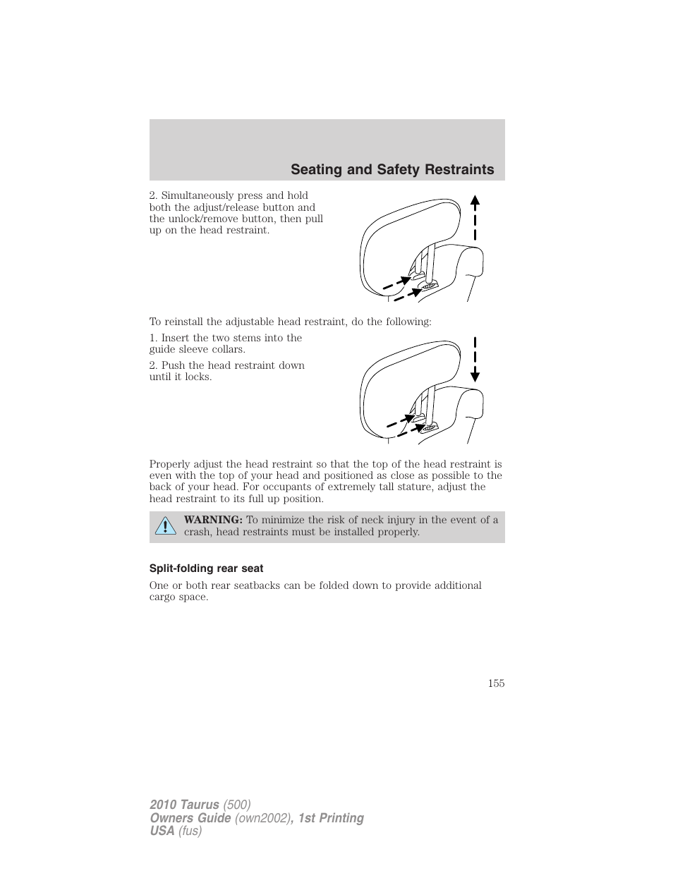 Split-folding rear seat, Seating and safety restraints | FORD 2010 Taurus v.1 User Manual | Page 155 / 378