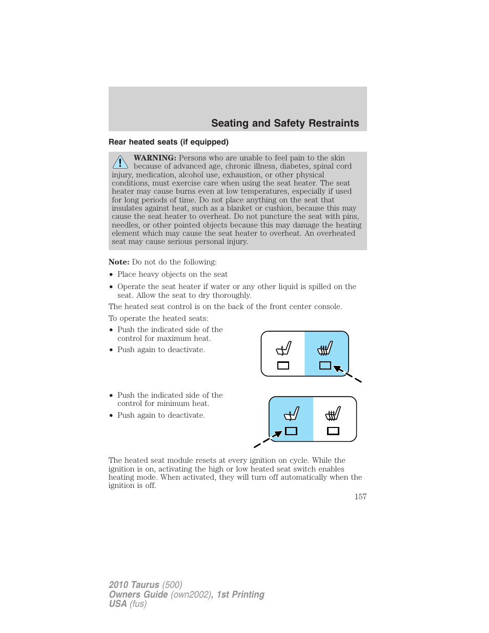 Rear heated seats (if equipped), Seating and safety restraints | FORD 2010 Taurus v.1 User Manual | Page 157 / 378