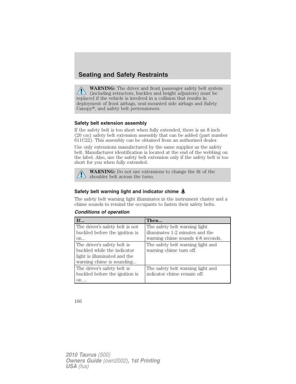 Safety belt extension assembly, Safety belt warning light and indicator chime, Conditions of operation | Seating and safety restraints | FORD 2010 Taurus v.1 User Manual | Page 166 / 378