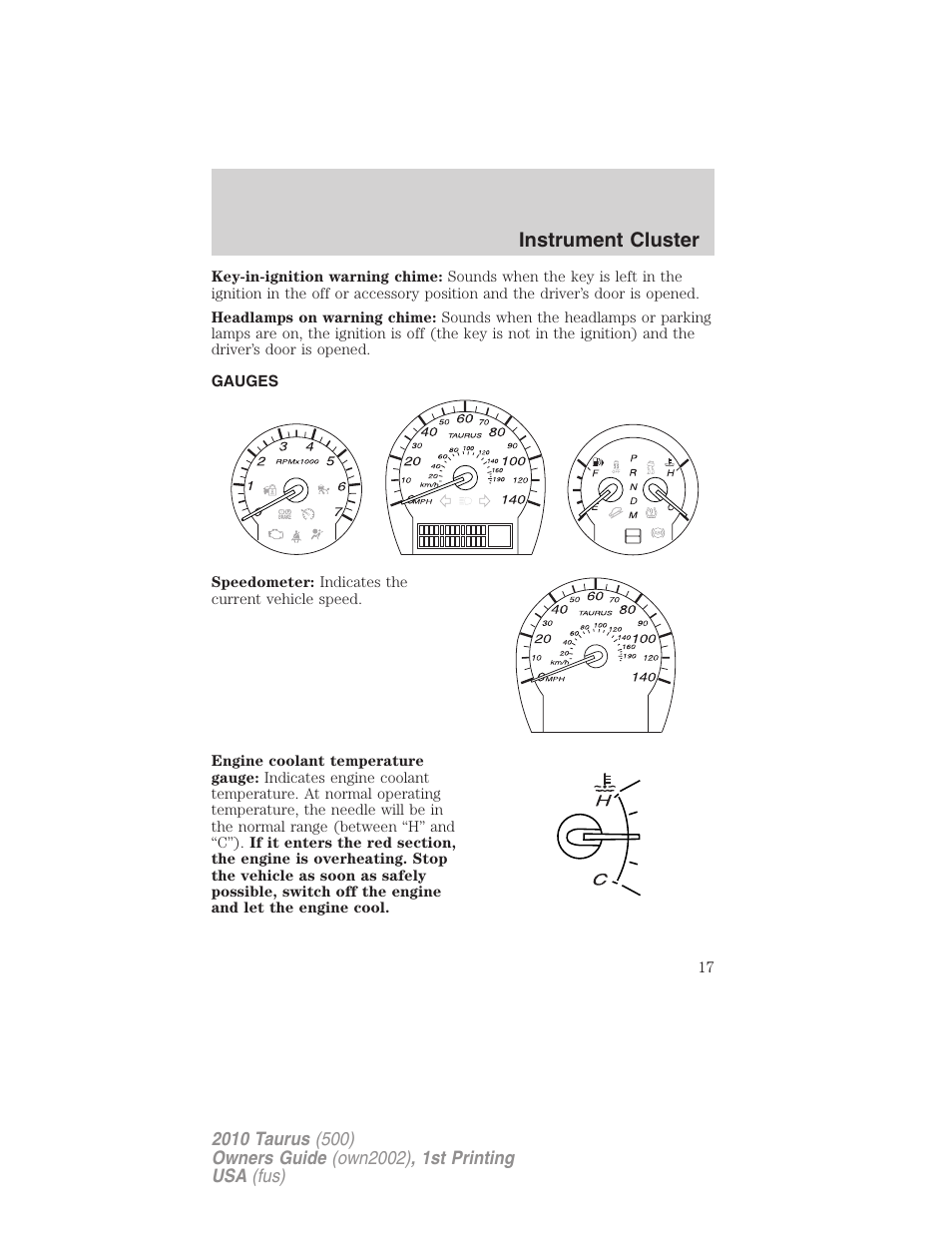 Gauges, Instrument cluster | FORD 2010 Taurus v.1 User Manual | Page 17 / 378