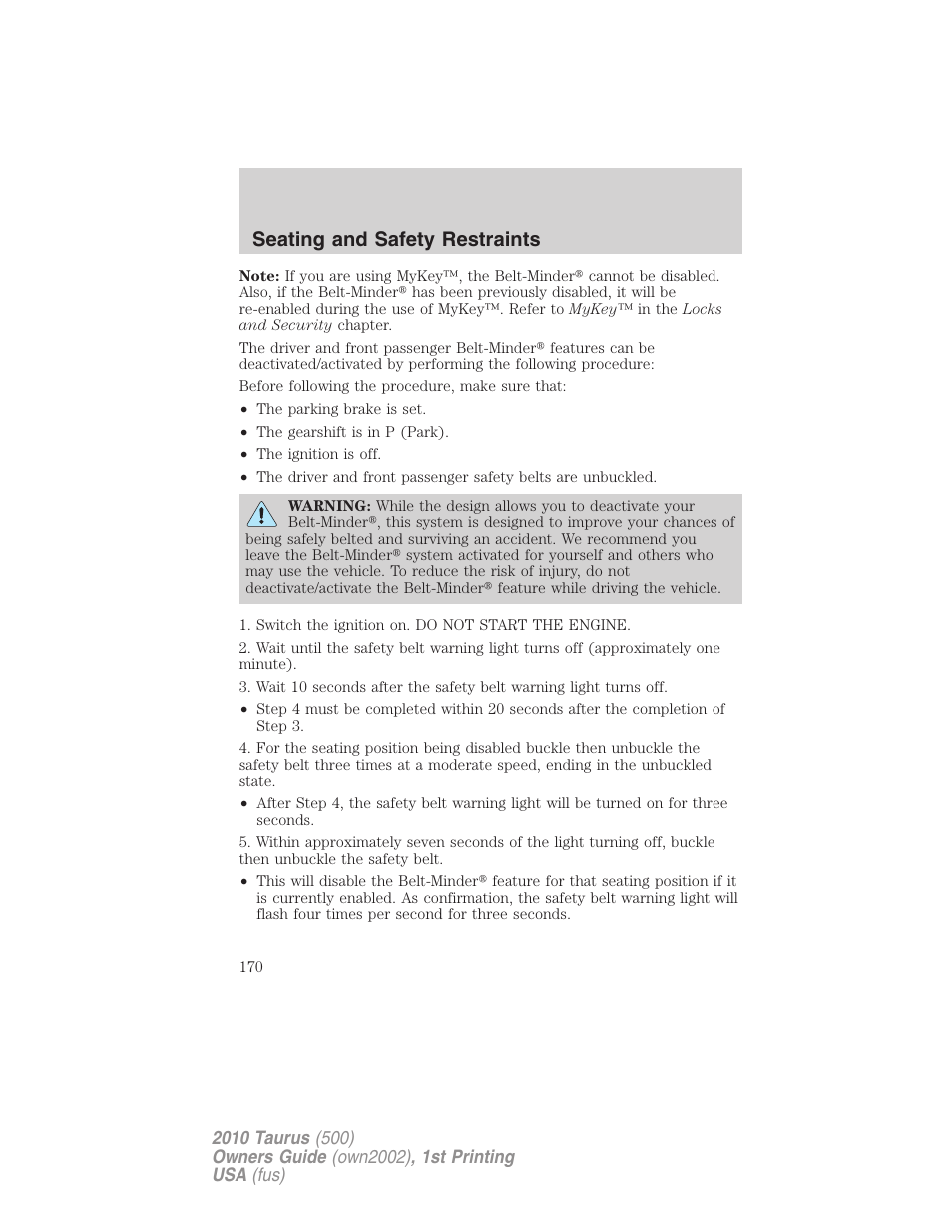 Seating and safety restraints | FORD 2010 Taurus v.1 User Manual | Page 170 / 378