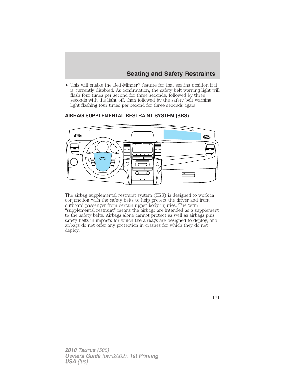 Airbag supplemental restraint system (srs), Airbags, Seating and safety restraints | FORD 2010 Taurus v.1 User Manual | Page 171 / 378