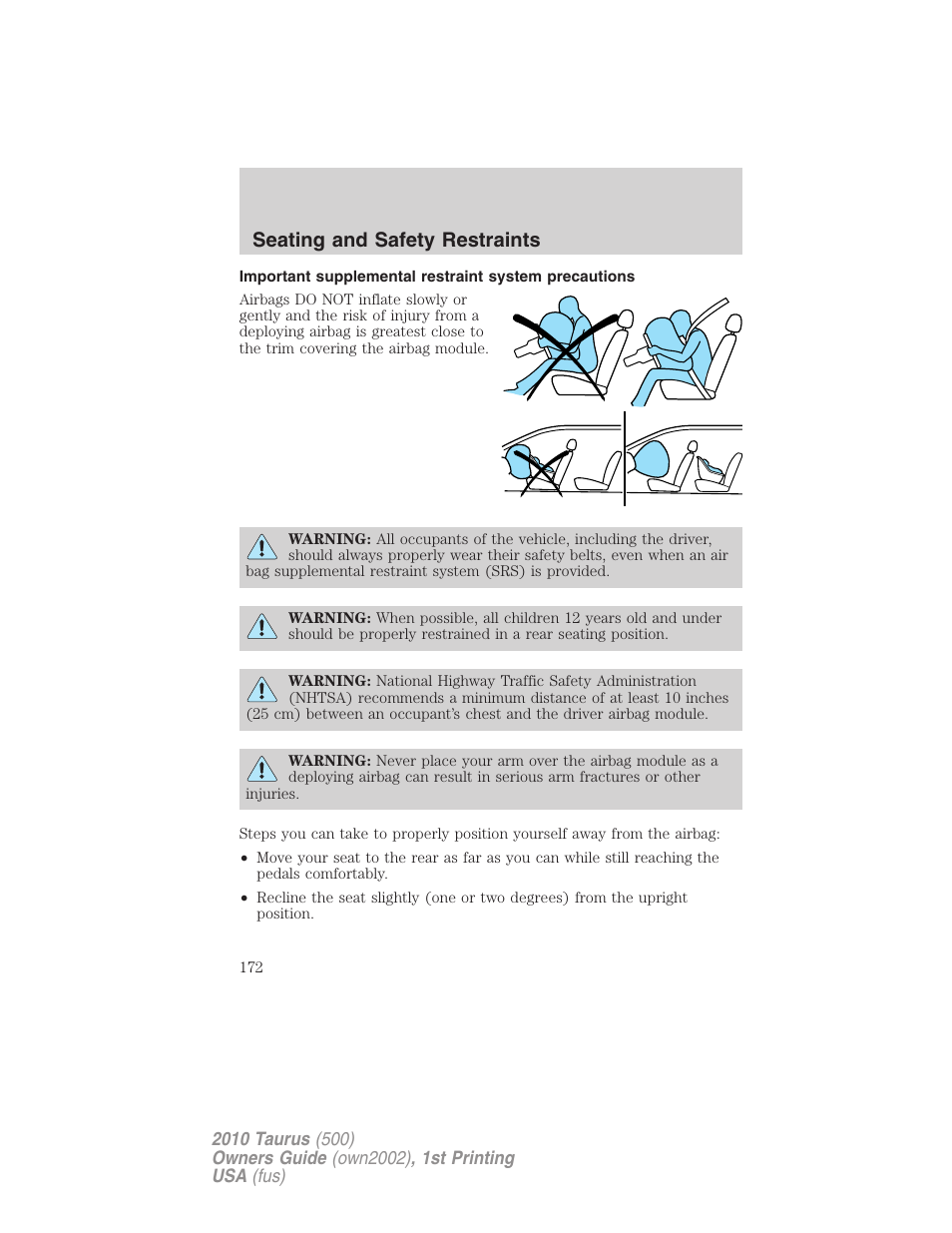 Seating and safety restraints | FORD 2010 Taurus v.1 User Manual | Page 172 / 378