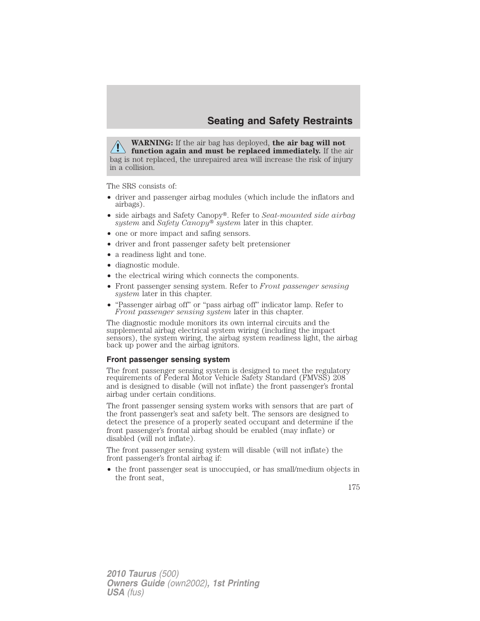 Front passenger sensing system, Seating and safety restraints | FORD 2010 Taurus v.1 User Manual | Page 175 / 378