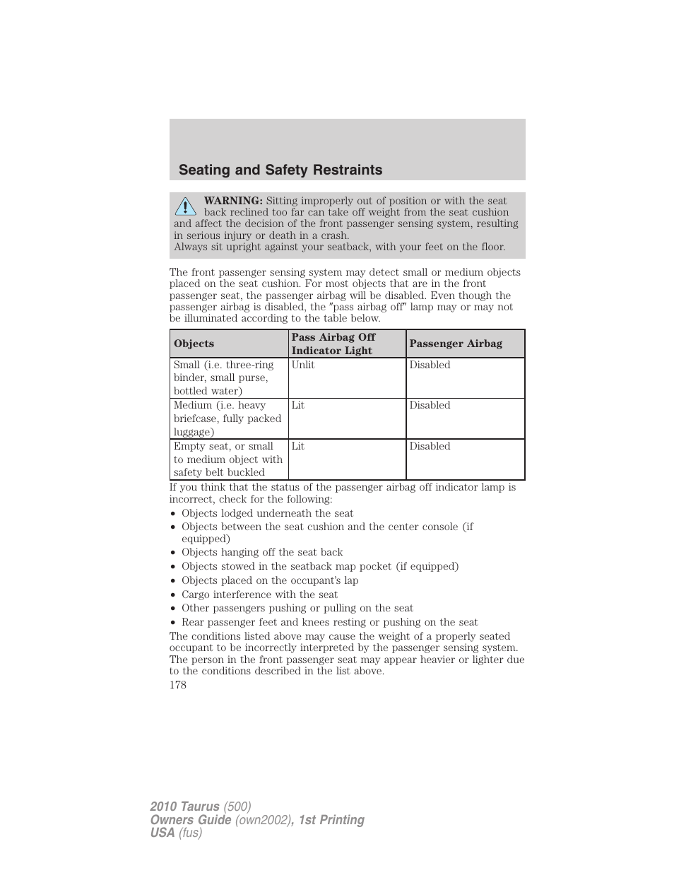 Seating and safety restraints | FORD 2010 Taurus v.1 User Manual | Page 178 / 378