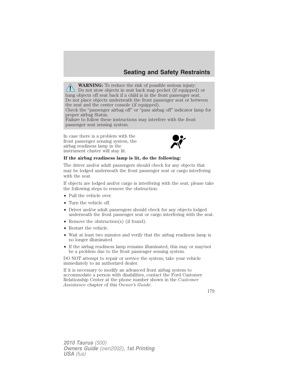 Seating and safety restraints | FORD 2010 Taurus v.1 User Manual | Page 179 / 378